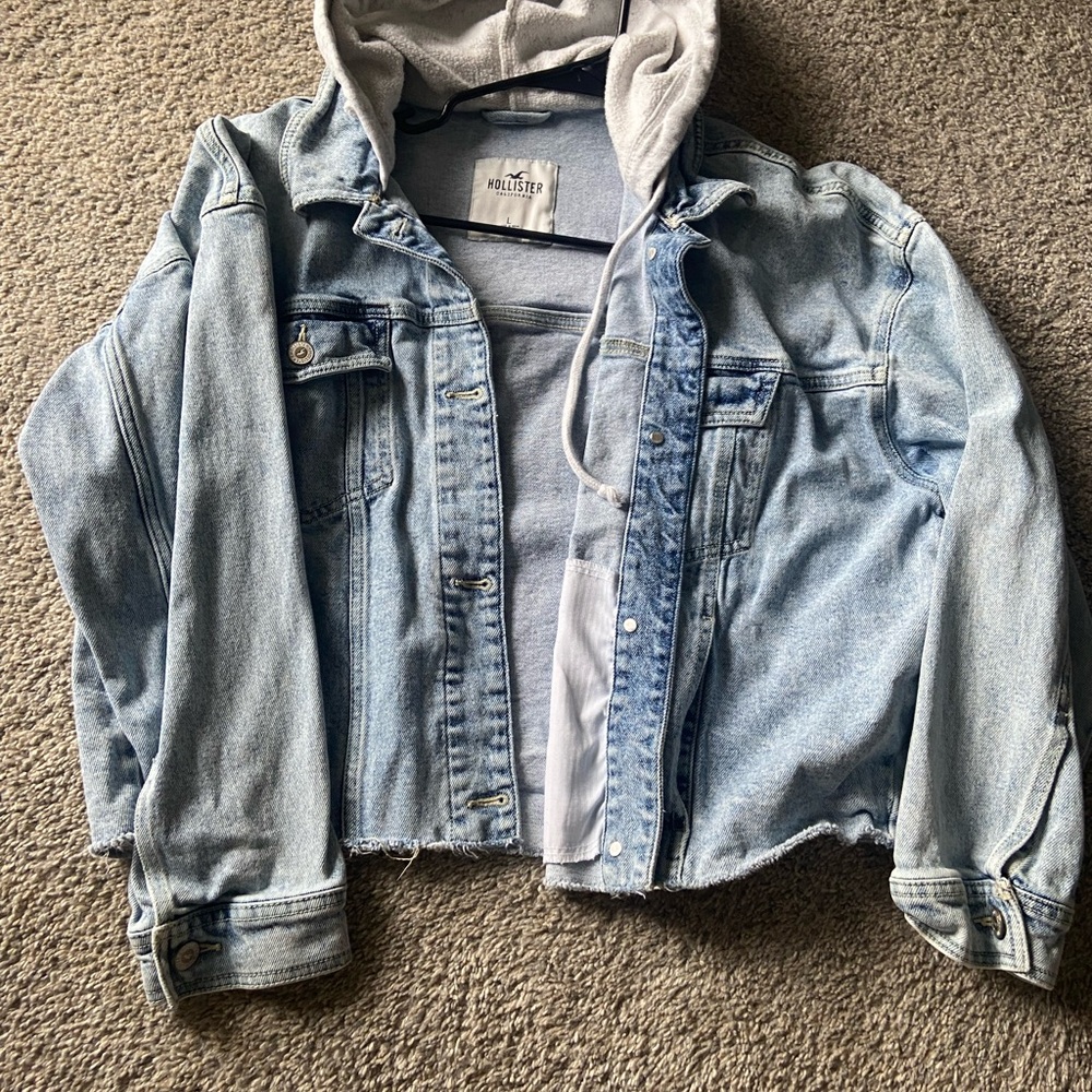 Hollister Blue Denim Jacket with Gray Hood